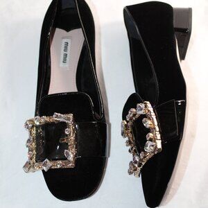 MIU MIU Jeweled Embellished Black Velvet Loafers Slip Ons Patent Pumps 39